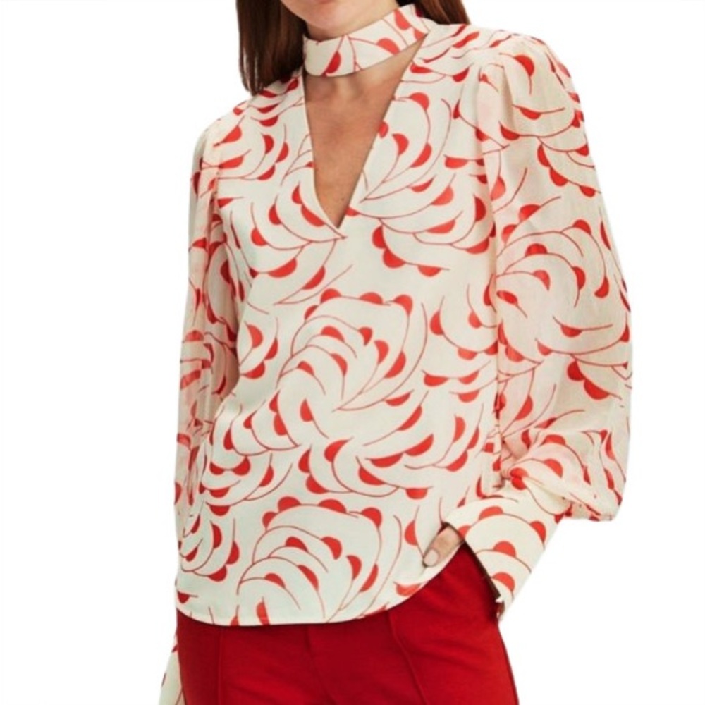 Self-Portrait High Neck Long Sleeve Red Botanical Print Chiffon Blouse Size 2